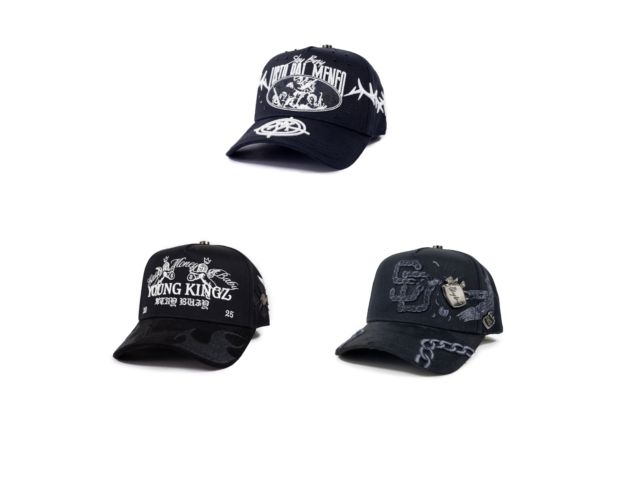 PROMO 850 c/u 3 Gorras Baez x victor mendivil listo pal meneo, baez x myke towers Easy Money Baby, SD Astro Black Originales