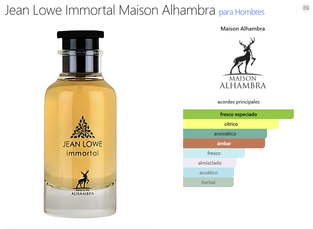 Perfume Fragancia Jean Lowe Immortal Maison Alhambra para hombre