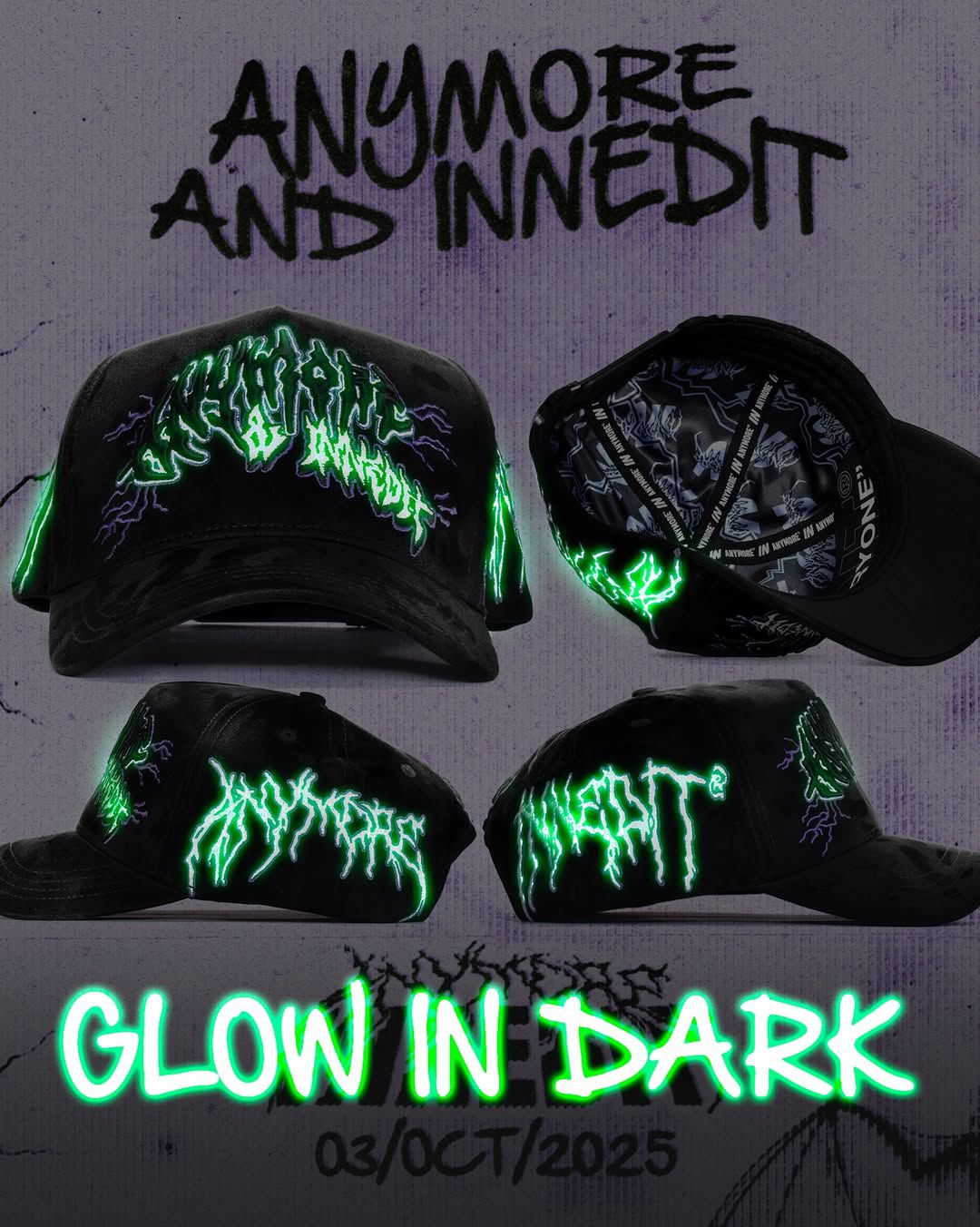 3 x 1000c/u gorras innedit x anymore brilla en la obscuridad original fullset morada